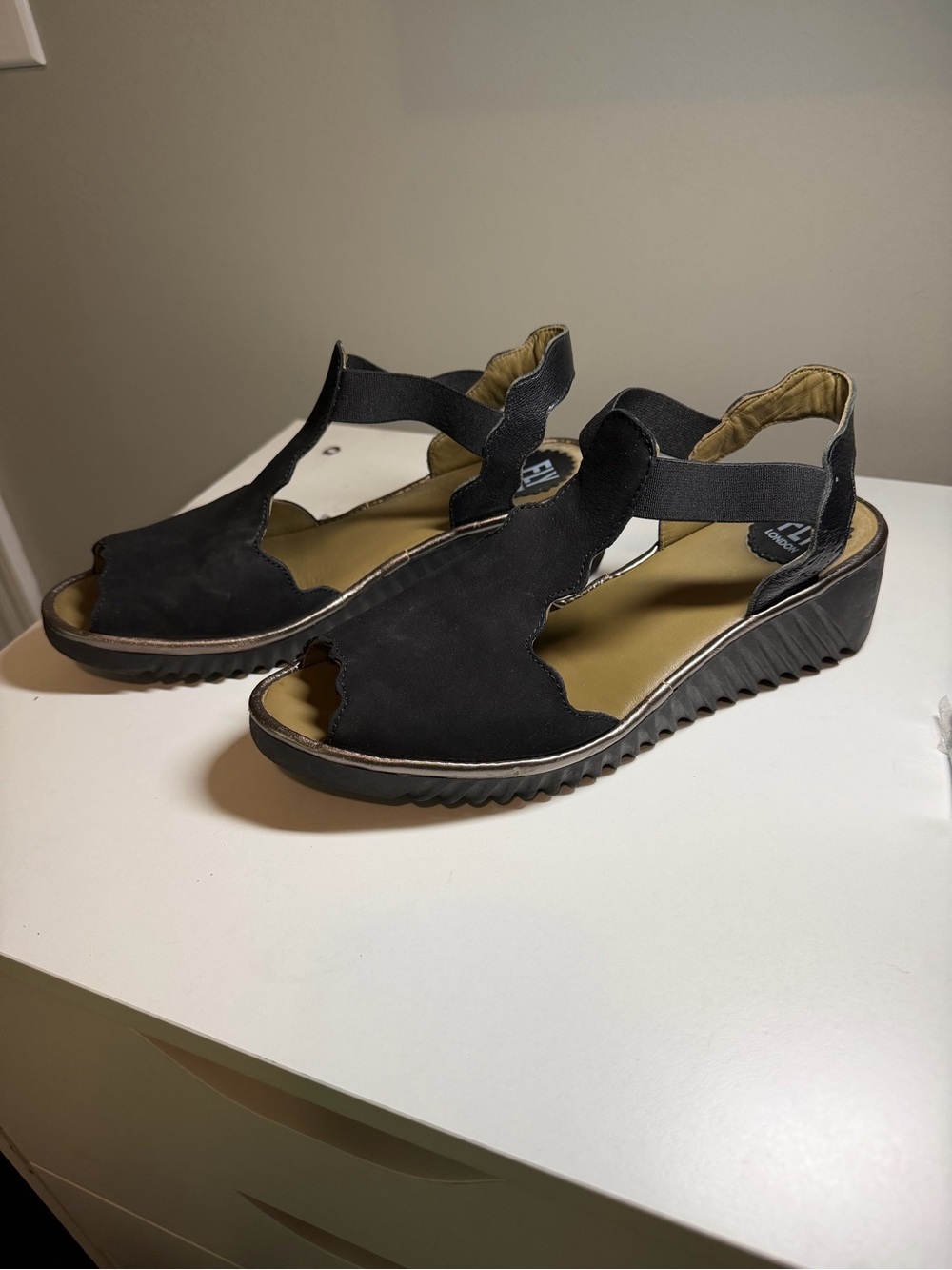 Fly London Black Suede T-Strap Wedge Sandals